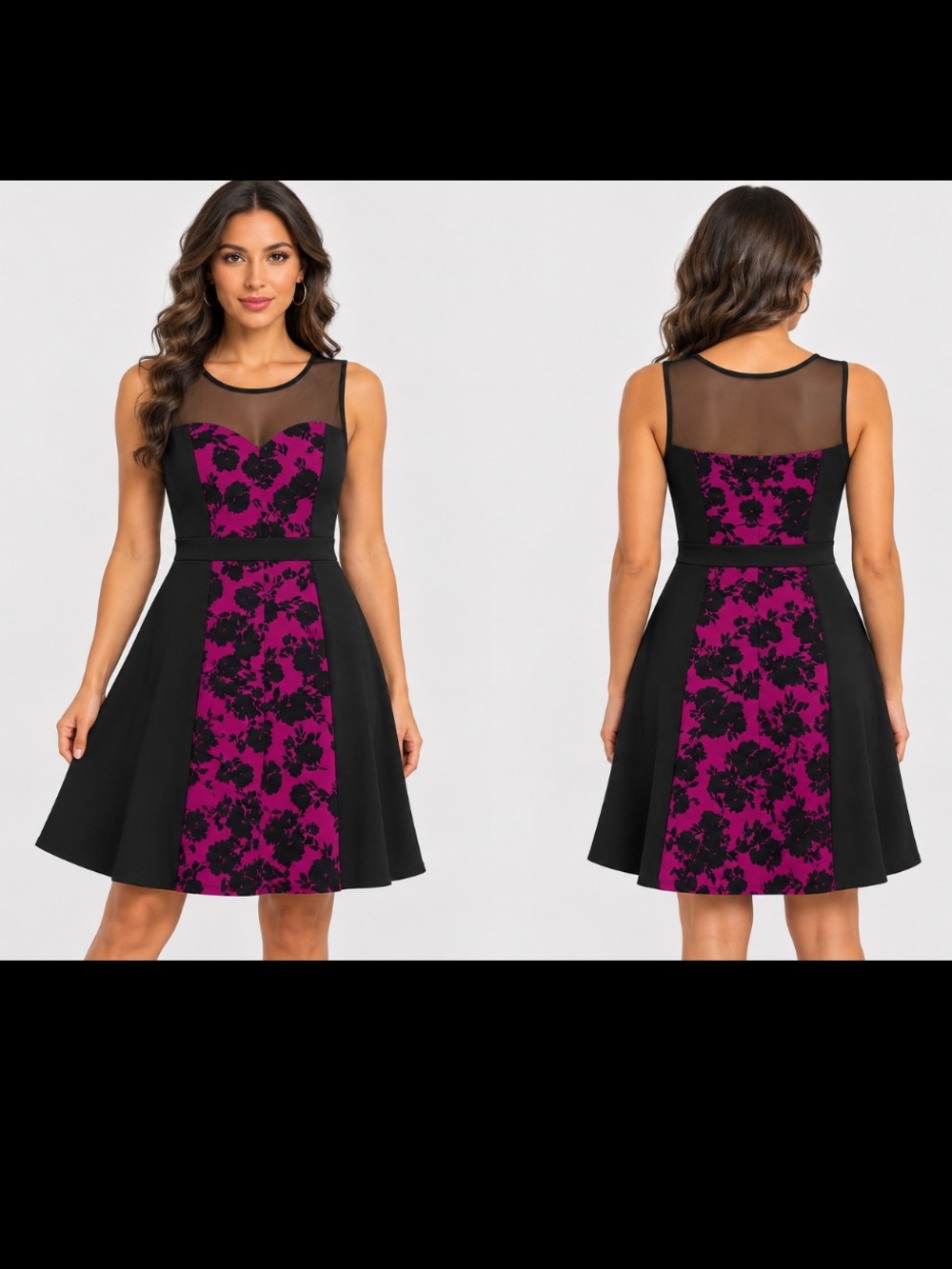 Enfocus Studio Black & Magenta Floral Mesh Yoke Fit-and-Flare Dress Size 12 NWT